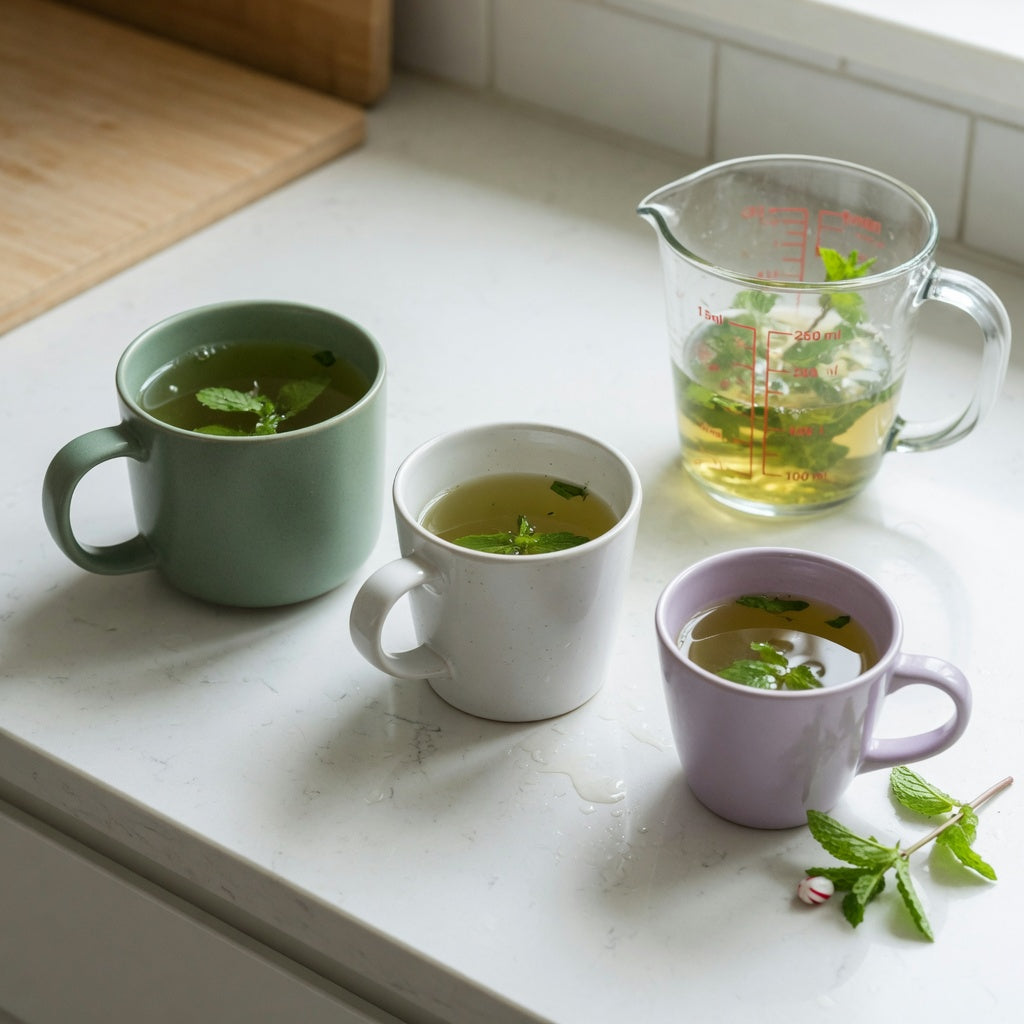 Peppermint tea mug first time buyer product shortlist guide showing three handled mug capacities on a kitchen counter