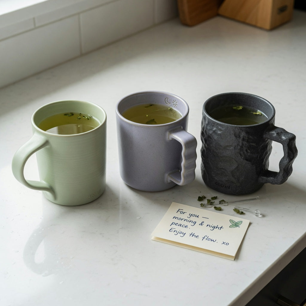 Peppermint tea mug gift choice product shortlist guide showing three mug capacities and handle styles side by side