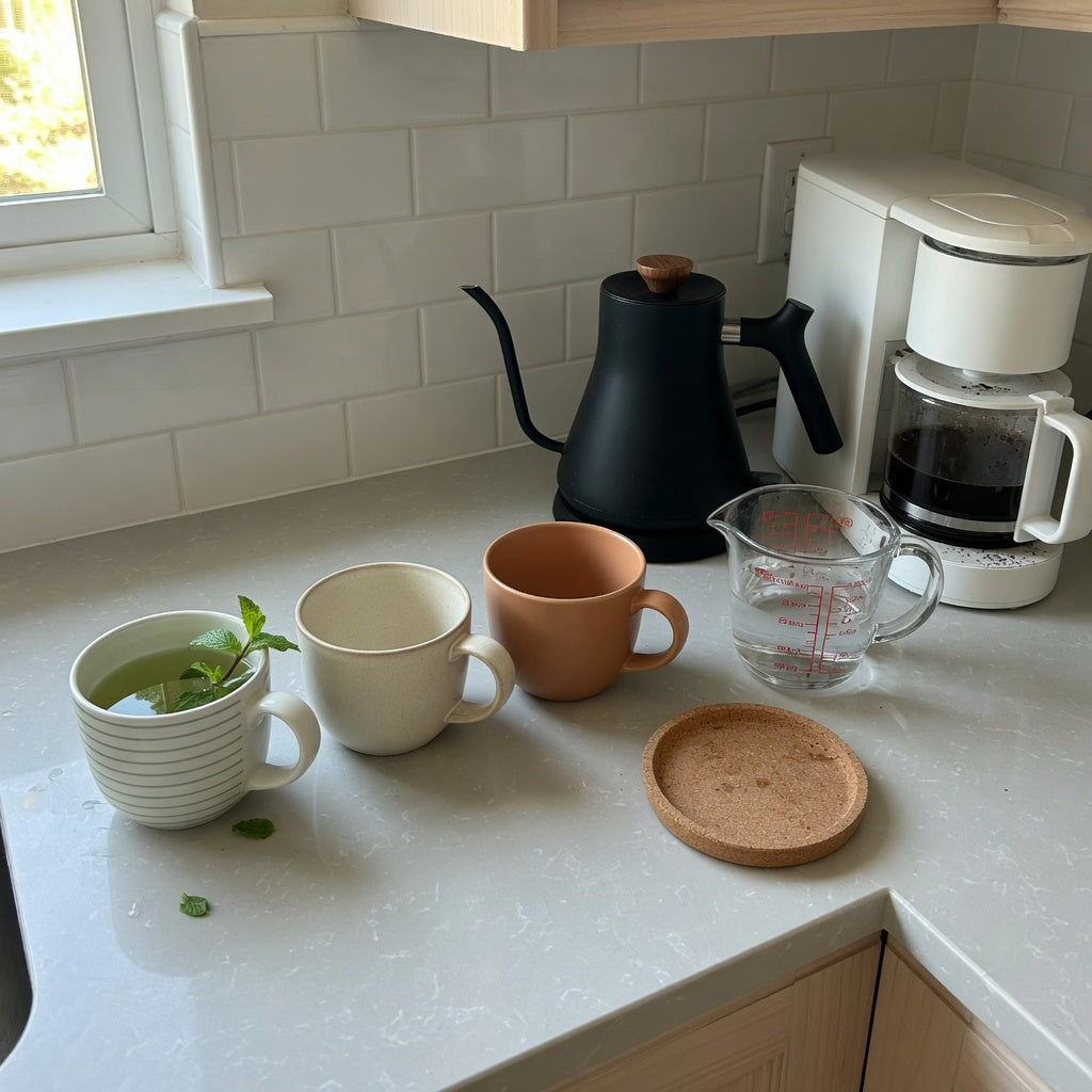 Three handled mugs, a kettle, and a measuring jug arranged for a peppermint tea mug home coffee station practical purchase checklist
