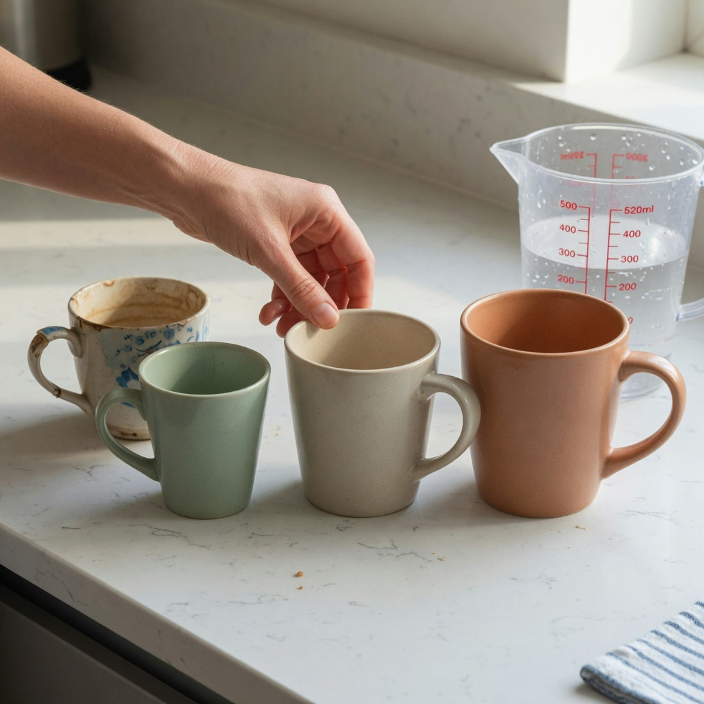 Peppermint tea mug replacement purchase product shortlist guide showing three capacities and a hand checking handle comfort