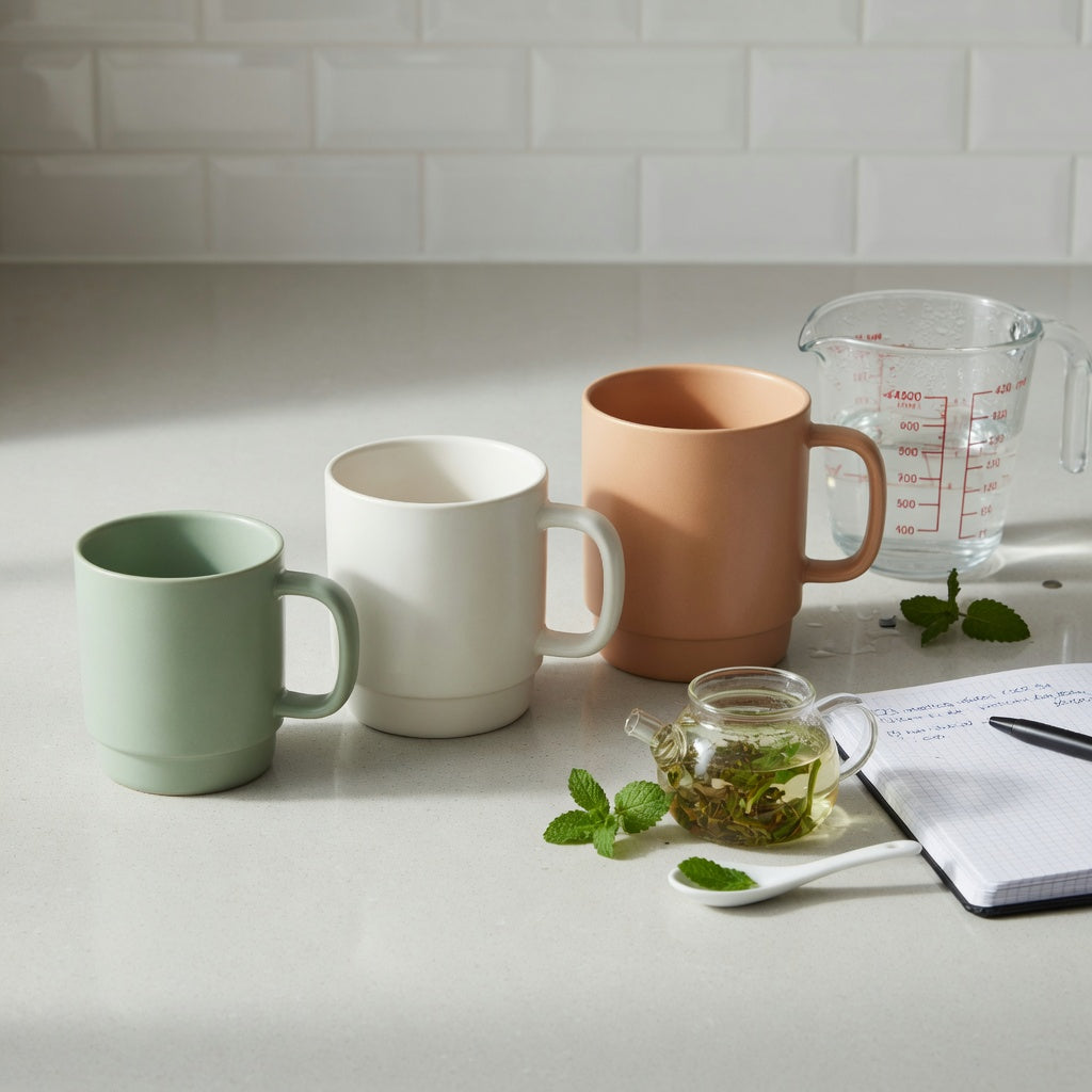 Peppermint tea mug size decision guide comparing 400 ml, 440 ml, and 480 ml handled mugs