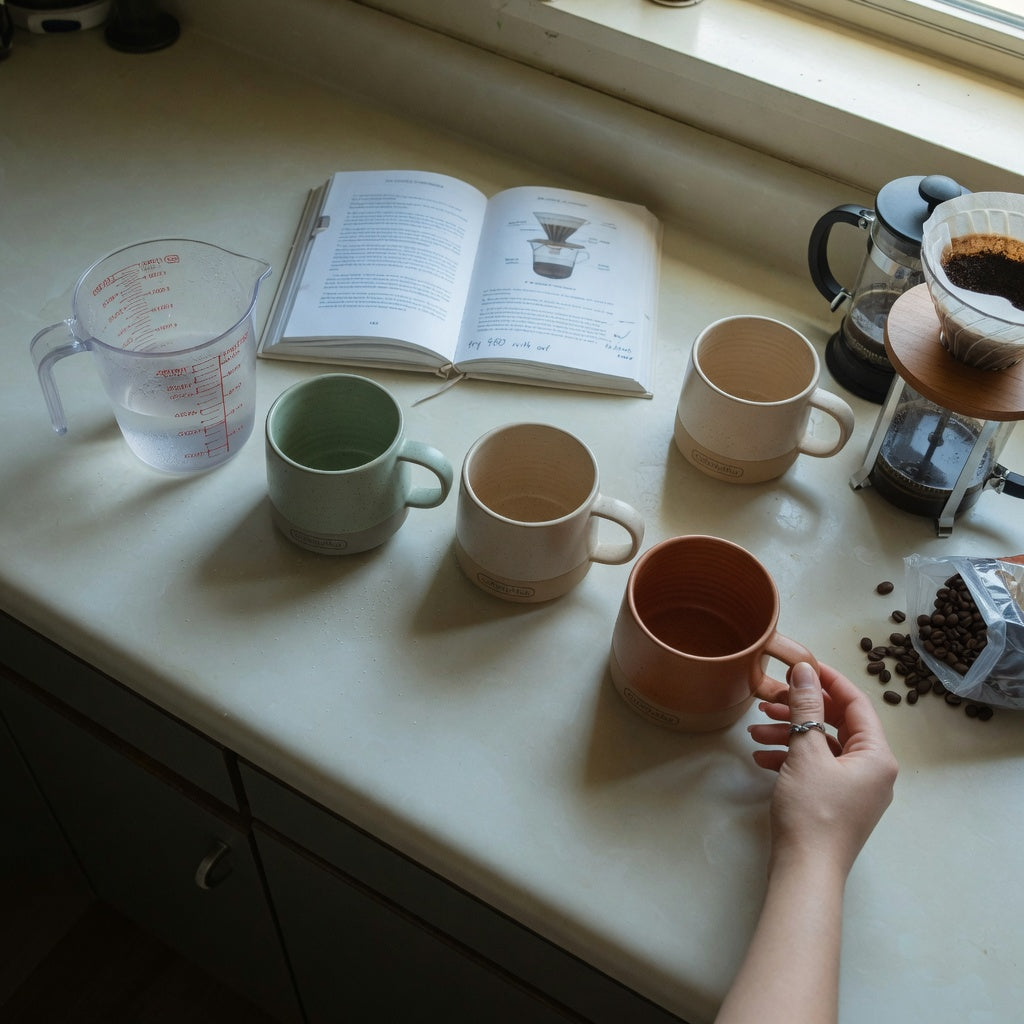 Three mugs arranged for a peppermint tea mug weekend coffee product shortlist guide, comparing 400 ml, 440 ml, and 480 ml sizes on a Saturday kitchen counter.