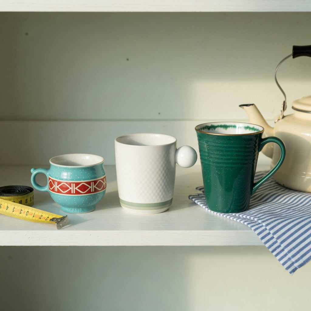 Piccolo cup everyday mug rotation product shortlist guide showing the Retro 170 ml, Ball Handle 250 ml, and Emerald 270 ml cups on a kitchen shelf