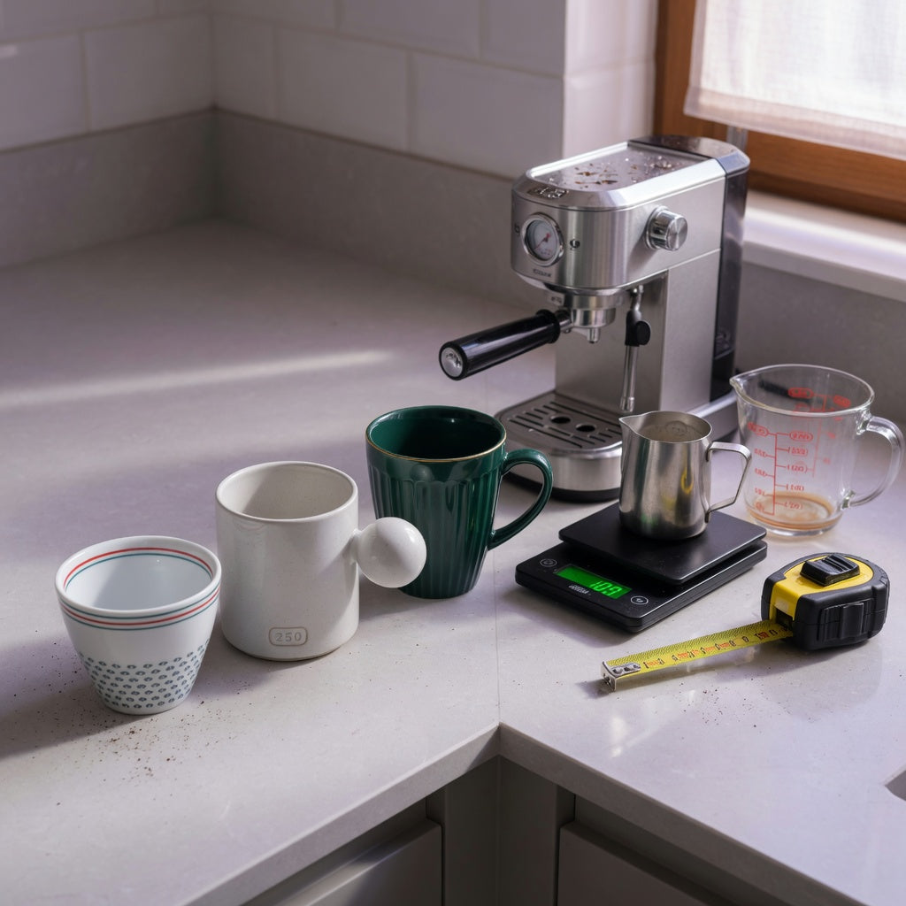 Piccolo cup home coffee station practical purchase checklist with 170 ml, 250 ml, and 270 ml cups beside a coffee scale