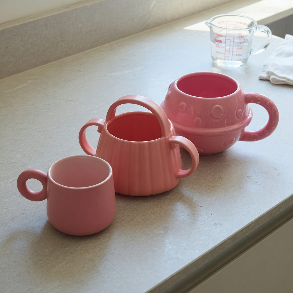 Pink ceramic coffee mug comparison with 250 ml ball-handle, 310 ml handbag-handle, and 380 ml planet-form designs