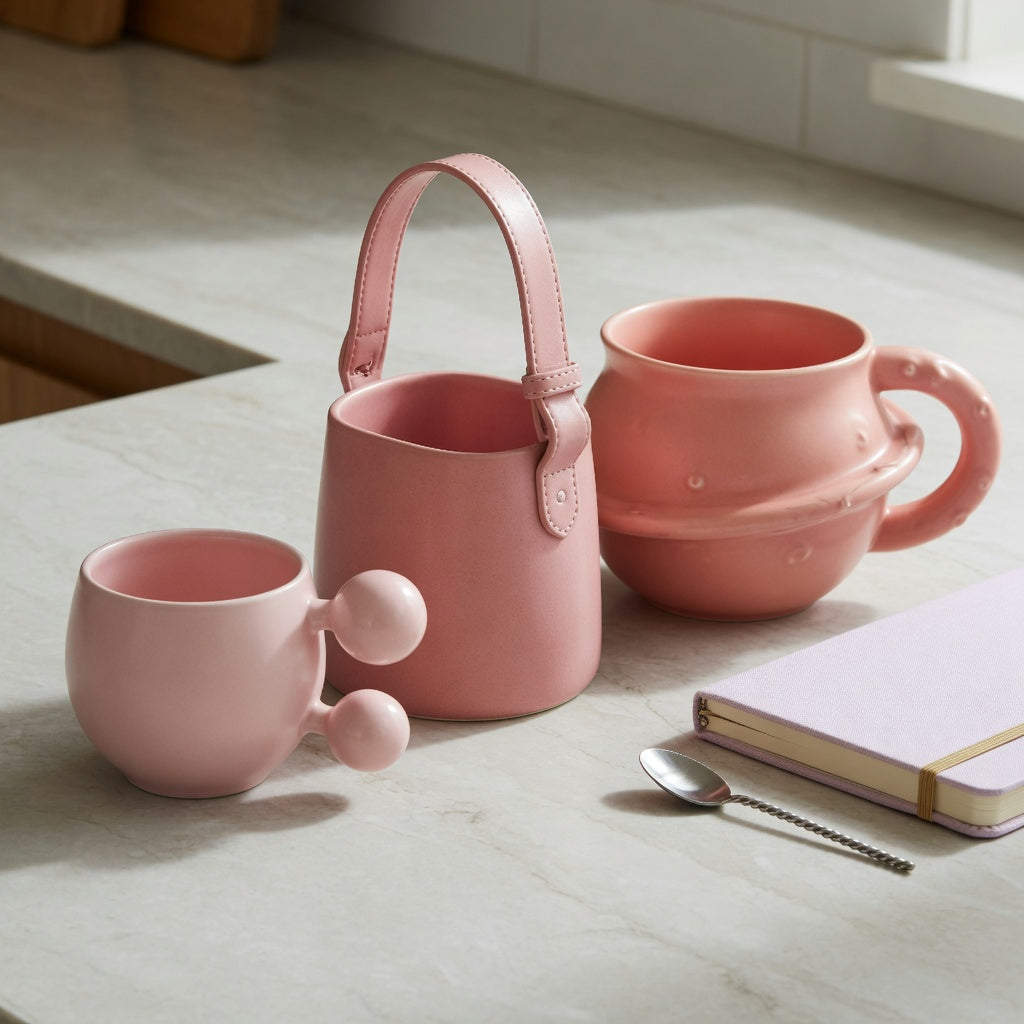 Pink ceramic coffee mug comparison showing 250 ml Ball Handle, 310 ml Handbag and 380 ml Planet mugs side by side