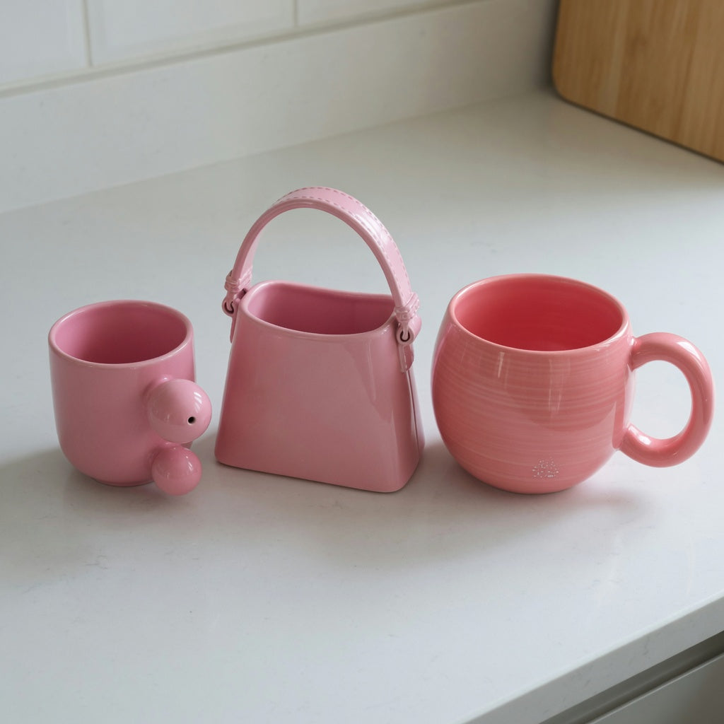 Pink ceramic coffee mug current product facts comparison showing 250 ml Ball Handle, 310 ml Handbag, and 380 ml Planet styles