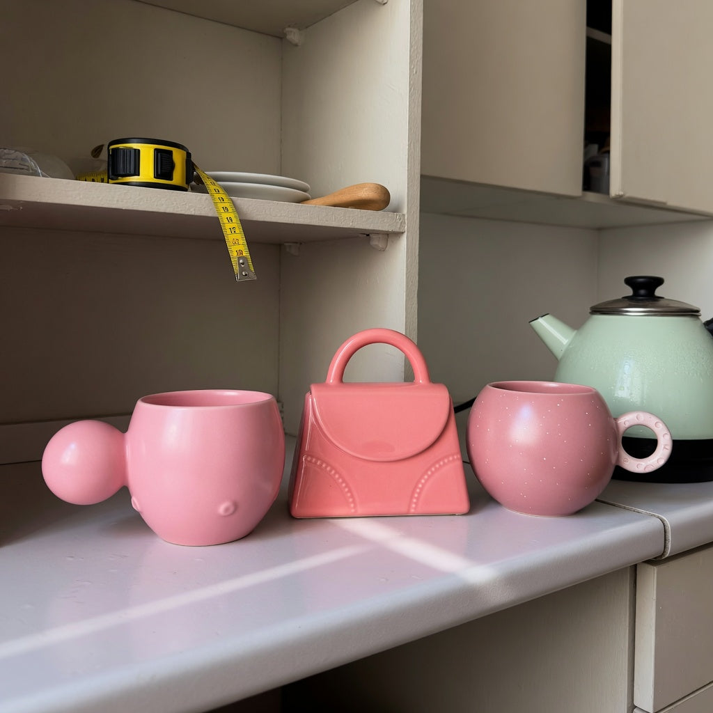 pink ceramic coffee mug compact kitchen practical purchase checklist showing Ball Handle, Handbag, and Planet ceramic mugs on a narrow counter beside a kettle