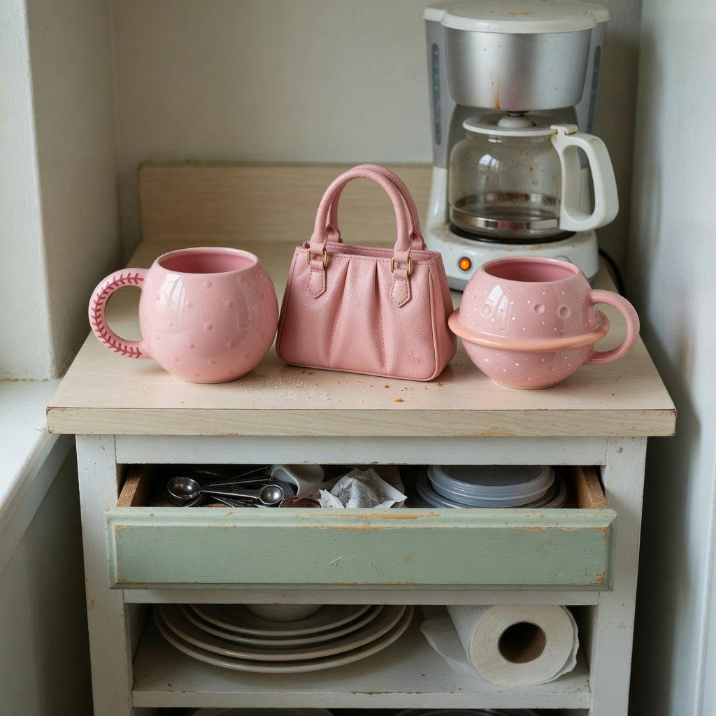 Three pink ceramic mugs beside a low shelf, illustrating a pink ceramic coffee mug compact kitchen product shortlist guide