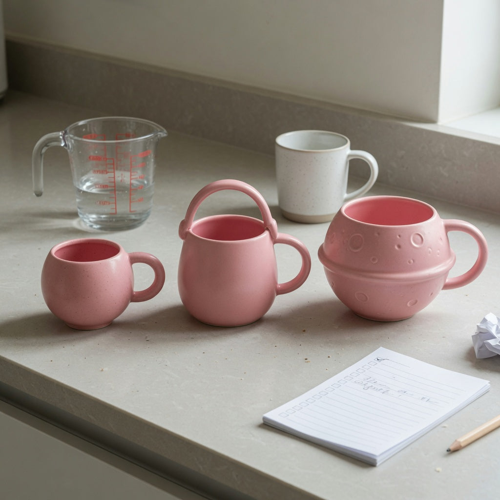 Pink ceramic coffee mug first time buyer practical purchase checklist comparing Ball Handle, Handbag, and Planet ceramic mugs
