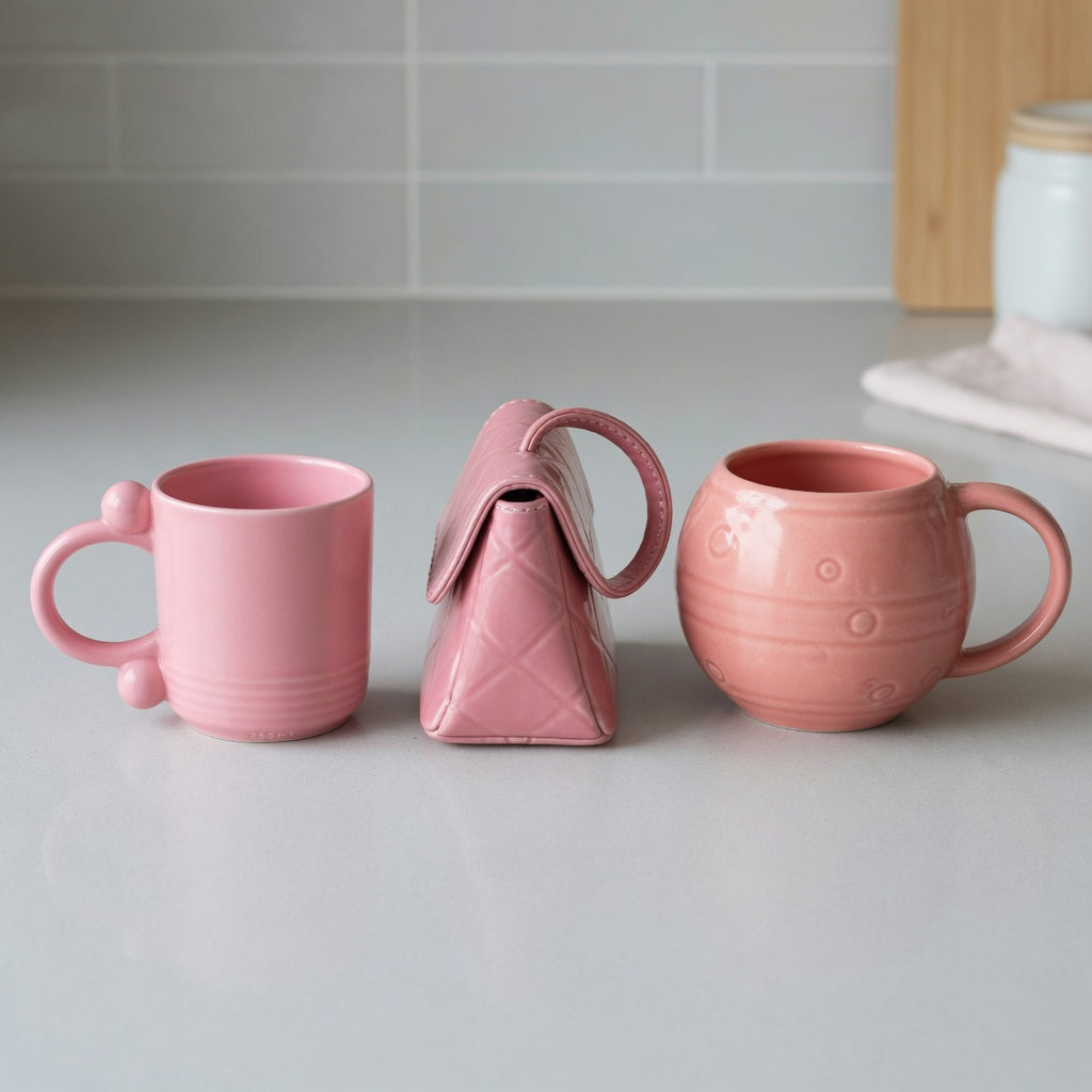 Pink ceramic coffee mug first time buyer product shortlist guide showing Ball Handled, Handbag, and Planet mugs on a kitchen counter