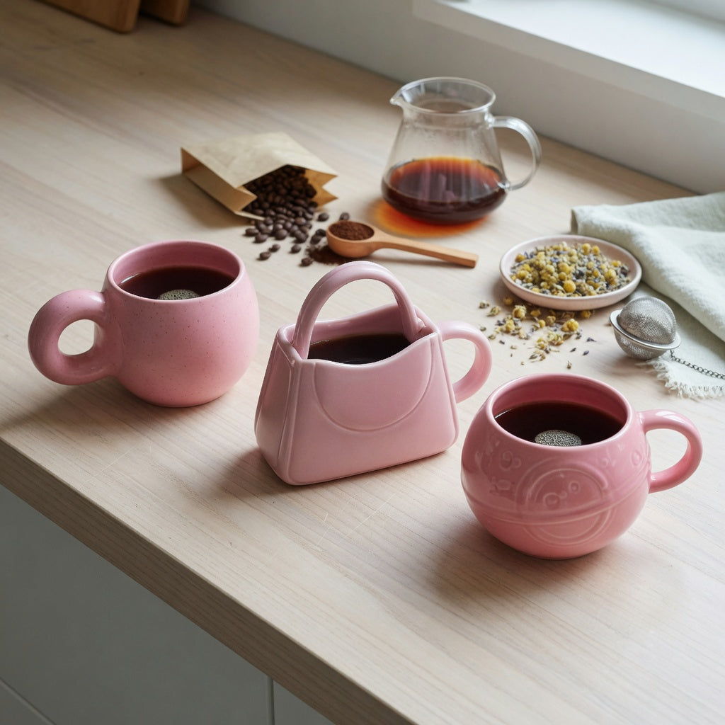 pink ceramic coffee mug gift choice product shortlist guide showing Ball Handle, Handbag, and Planet mug shapes on a kitchen counter