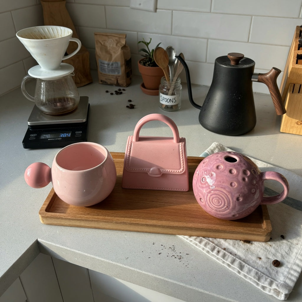 Pink ceramic coffee mug home coffee station practical purchase checklist showing three pink ceramic mug shapes beside a coffee setup