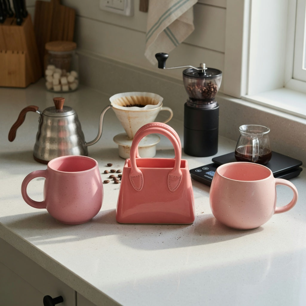 pink ceramic coffee mug home coffee station product shortlist guide showing Ball Handle, Handbag, and Planet options beside brewing equipment