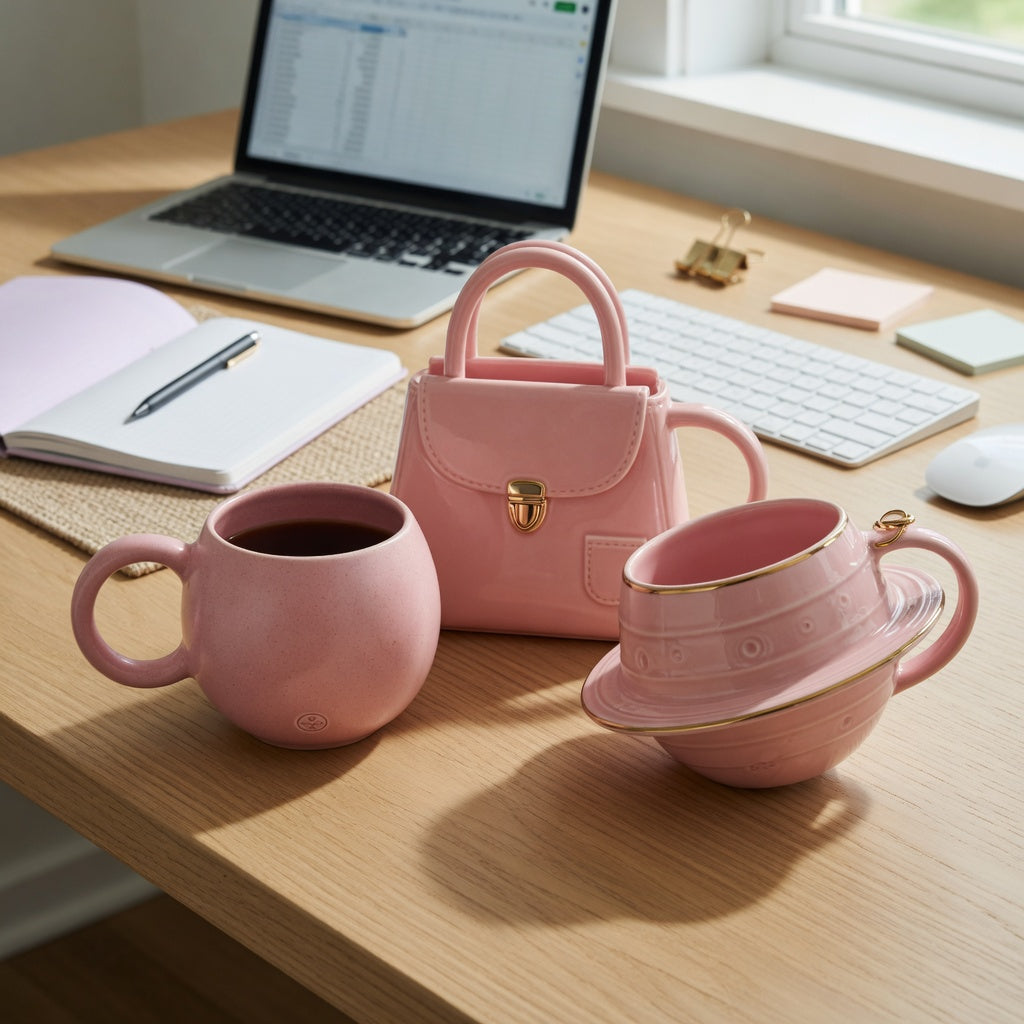 pink ceramic coffee mug home office practical purchase checklist with Ball Handle, Handbag, and Planet designs on a desk