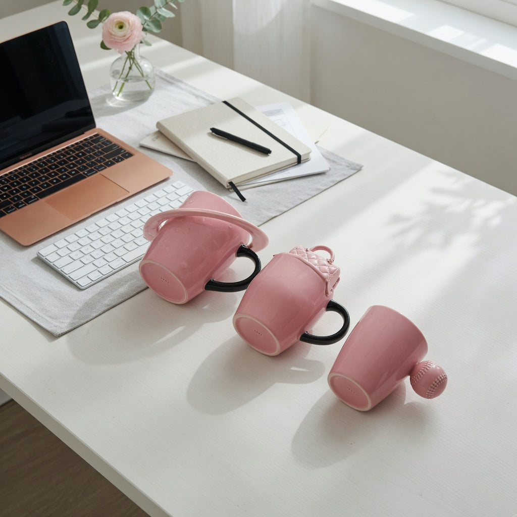 Pink ceramic coffee mug home office product shortlist guide with Ball Handle, Handbag, and Planet mugs arranged by listed capacity on a desk