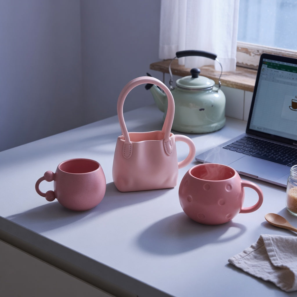 Three pink ceramic mugs in Ball Handle, Handbag, and Planet shapes for a pink ceramic coffee mug morning routine product shortlist guide