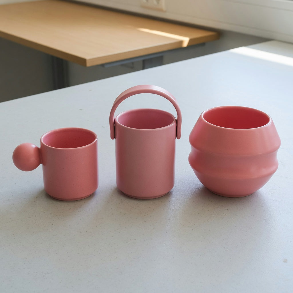 Ball Handle, Handbag, and Planet pink ceramic mugs in a pink ceramic coffee mug replacement purchase product shortlist guide