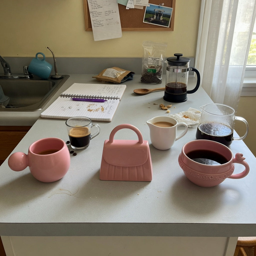 pink ceramic coffee mug shared household product shortlist guide with three separate pink ceramic mug shapes on a shared kitchen counter