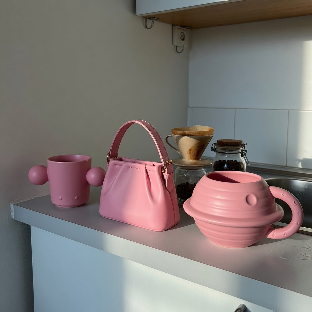 Pink ceramic coffee mug for small coffee setup comparison with Ball Handle, Handbag, and Planet shapes on a narrow counter