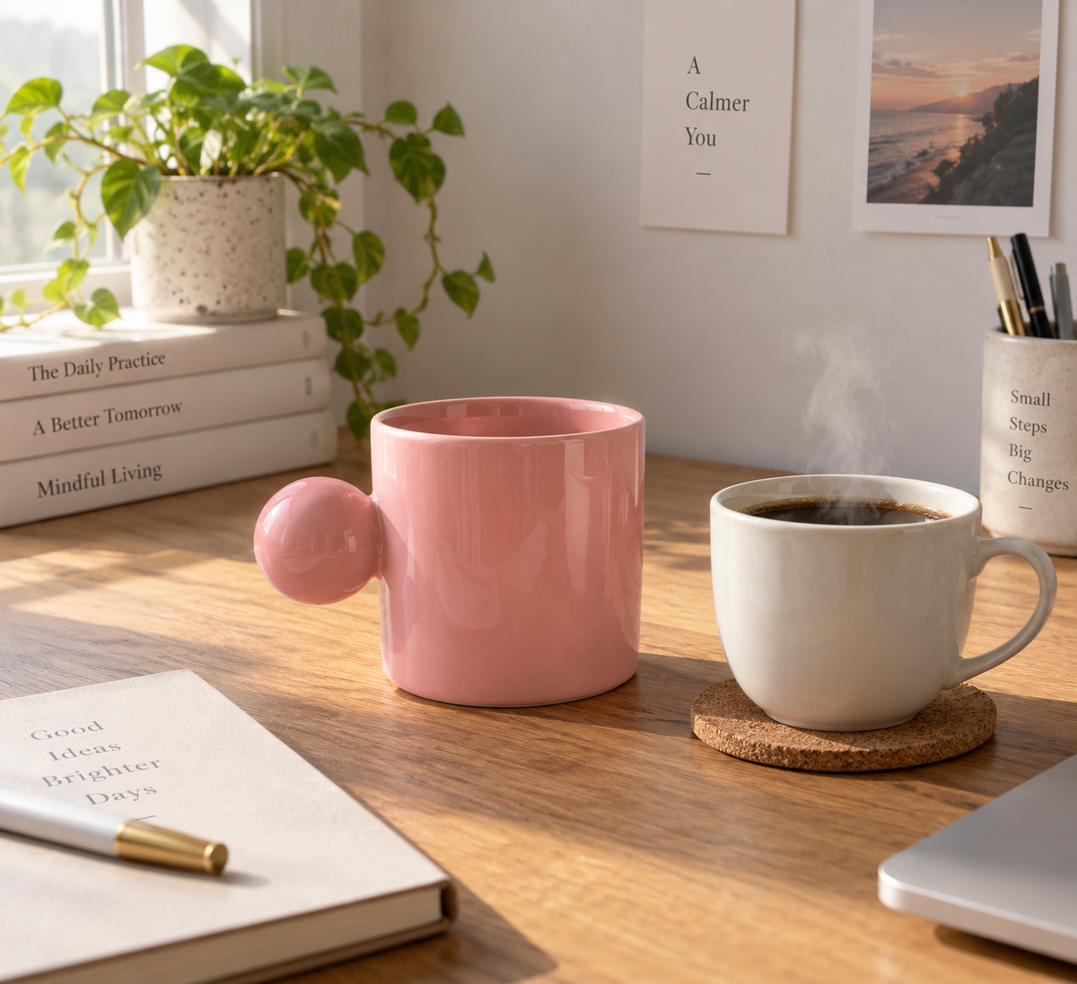 Pink ceramic coffee mug gift on a desk with coffee