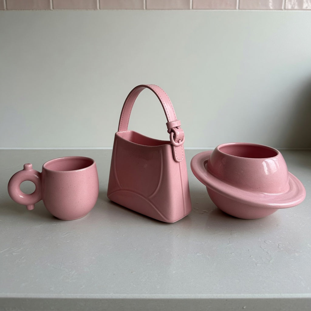 Pink ceramic coffee mug size decision guide comparing 250 ml Ball Handle, 310 ml Handbag, and 380 ml Planet mugs