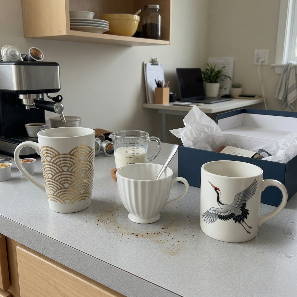 Plain white ceramic coffee mugs buying priorities compared by capacity, shape, machine clearance, and counter space