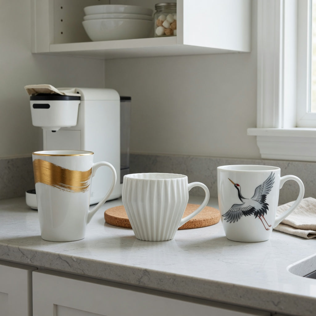 Plain white ceramic coffee mugs current product facts comparison showing tall golden-wave, pleated, and crane designs