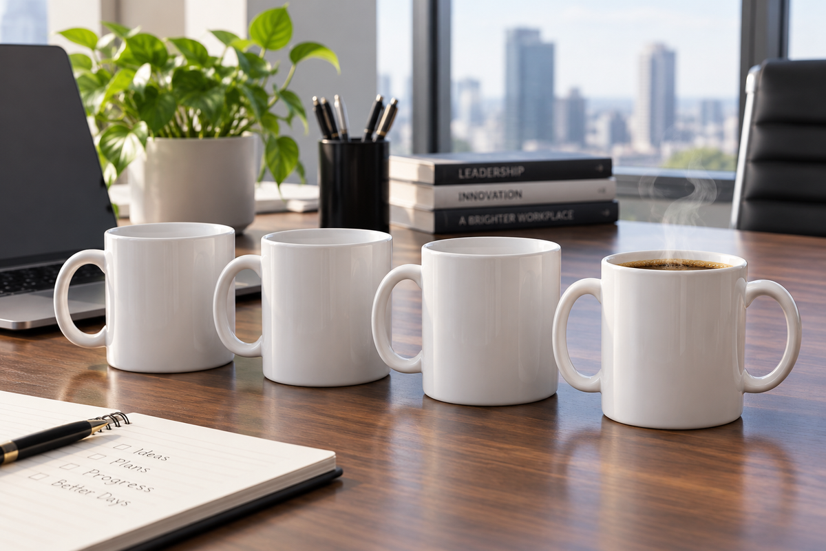Plain white ceramic coffee mugs for office gifts displayed on a desk