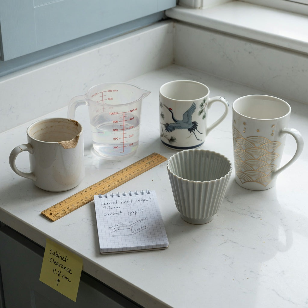 plain white ceramic coffee mugs replacement purchase practical purchase checklist beside a chipped mug, measuring jug, ruler, and three replacement designs