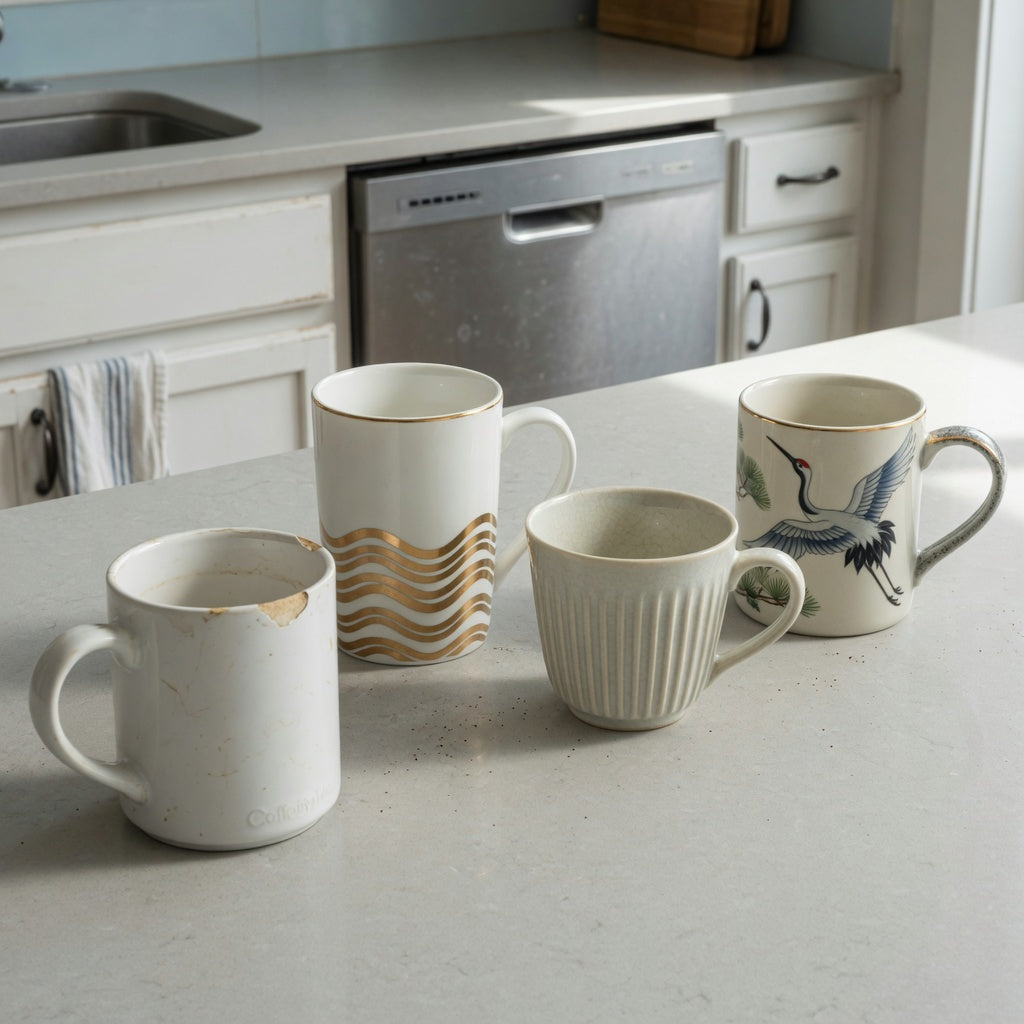 plain white ceramic coffee mugs replacement purchase product shortlist guide showing an old chipped mug beside tall golden-wave, pleated, and crane-design options