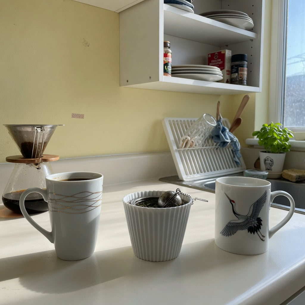 plain white ceramic coffee mugs shared household product shortlist guide showing tall golden-wave, pleated, and crane-design options in a shared kitchen