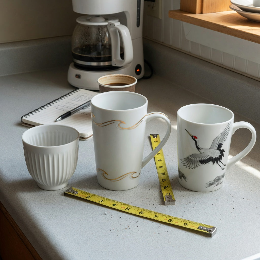 Plain white ceramic coffee mugs size decision guide showing pleated, tall gold-wave, and crane-design options being compared by size