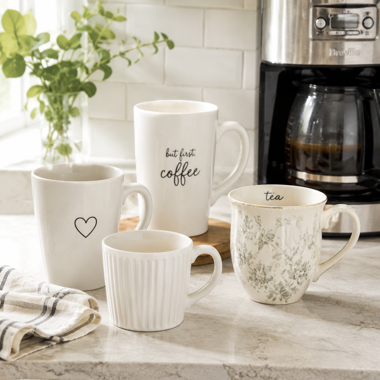 Plain white ceramic coffee mugs on a kitchen counter beside coffee and tea accessories