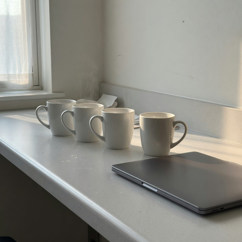 A row of plain white coffee mugs for office desks on a breakroom counter next to a laptop