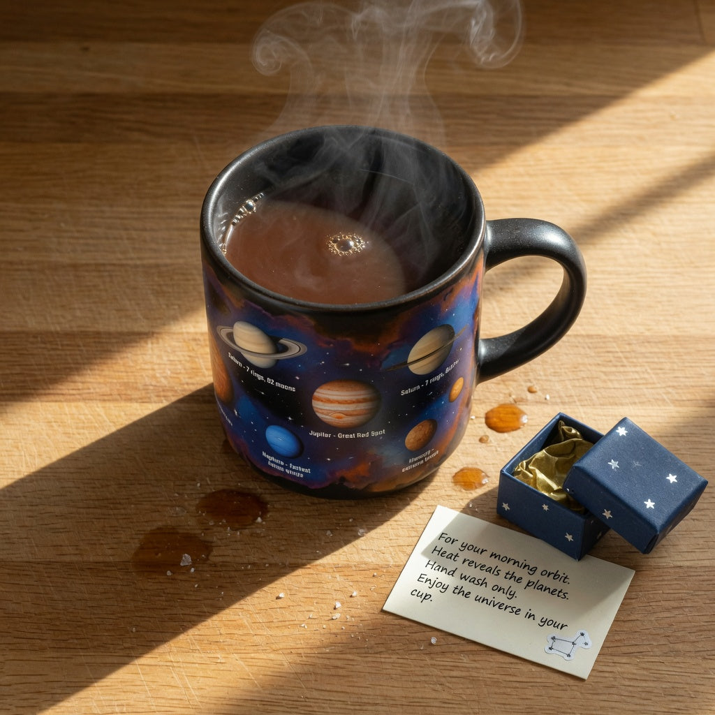 planet coffee mug revealing solar system planets as steaming coffee is poured