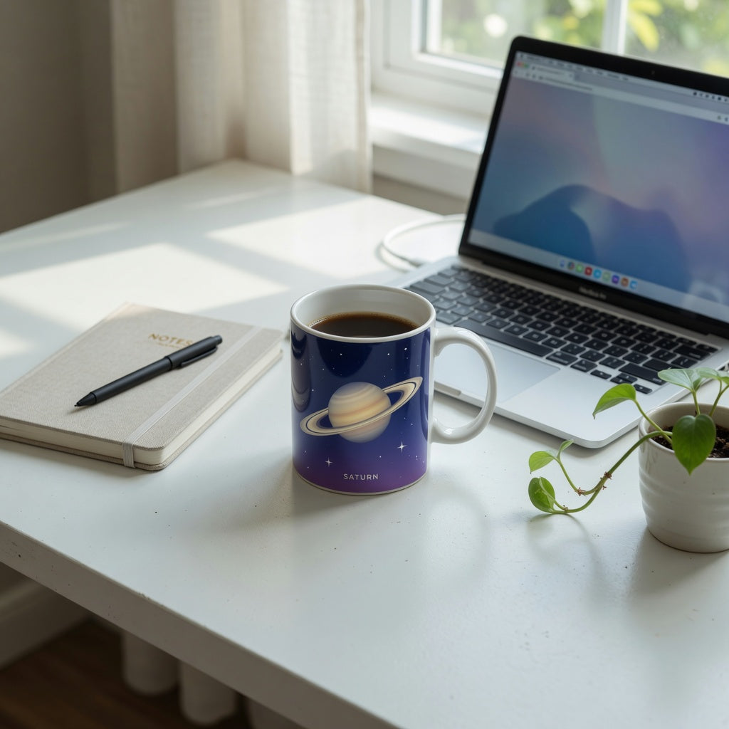 planet coffee mug for office desk decor on a clean minimalist workspace