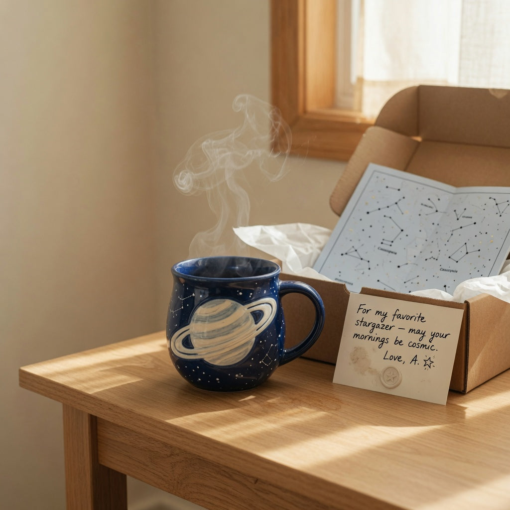 Planet coffee mug gift in ceramic beside an open gift box and a folded star chart