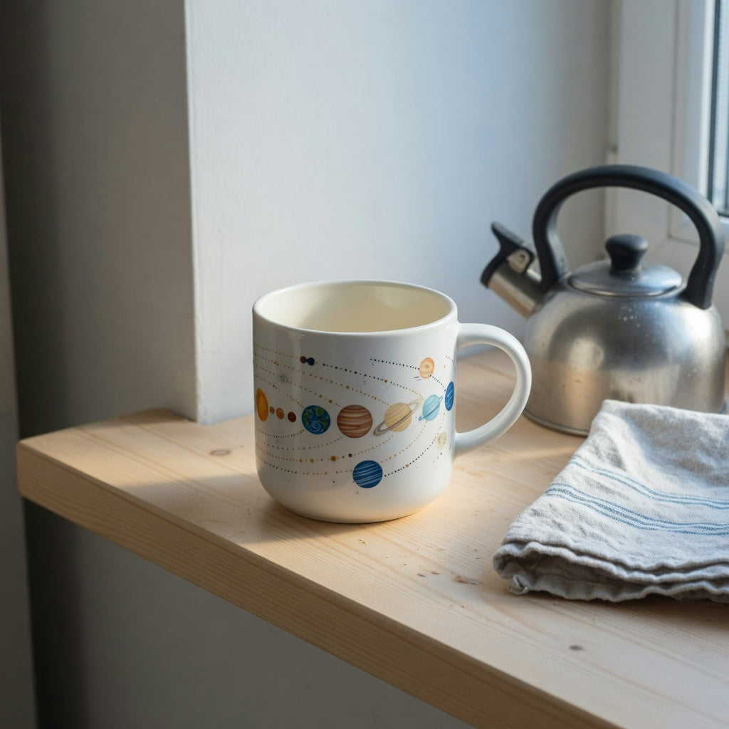 A planet coffee tea mug for coffee lovers home decor on a light wood kitchen shelf beside a kettle