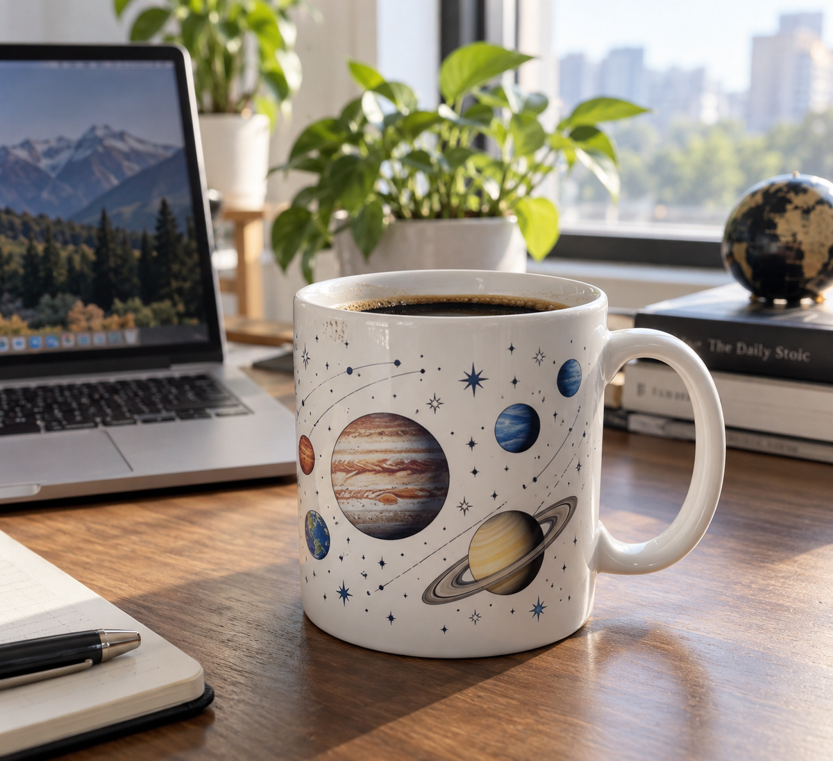 planet coffee tea mug for home office on modern desk setup