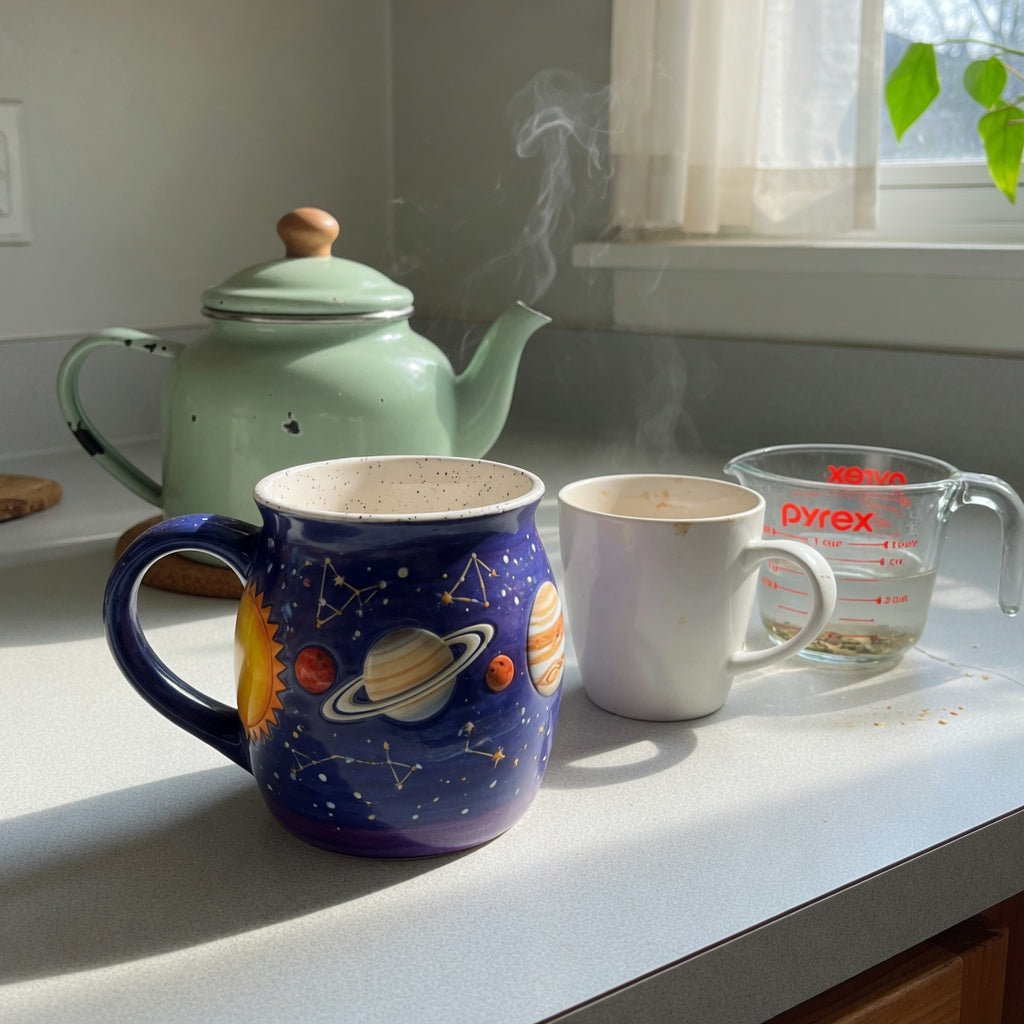 Planet coffee tea mug gift ideas compared using a planet-themed mug, hot tea, and a measuring cup