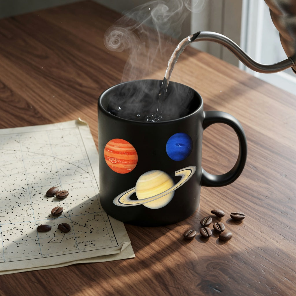 Heat-changing planet mug gift for coffee lovers revealing solar system artwork as hot coffee pours into the black ceramic mug