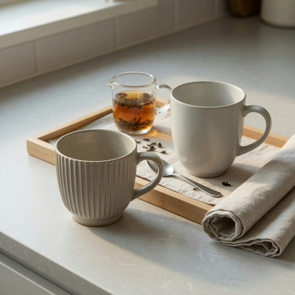 Pleated ceramic coffee mug beside a smooth round mug on a guest tray for size and use comparison