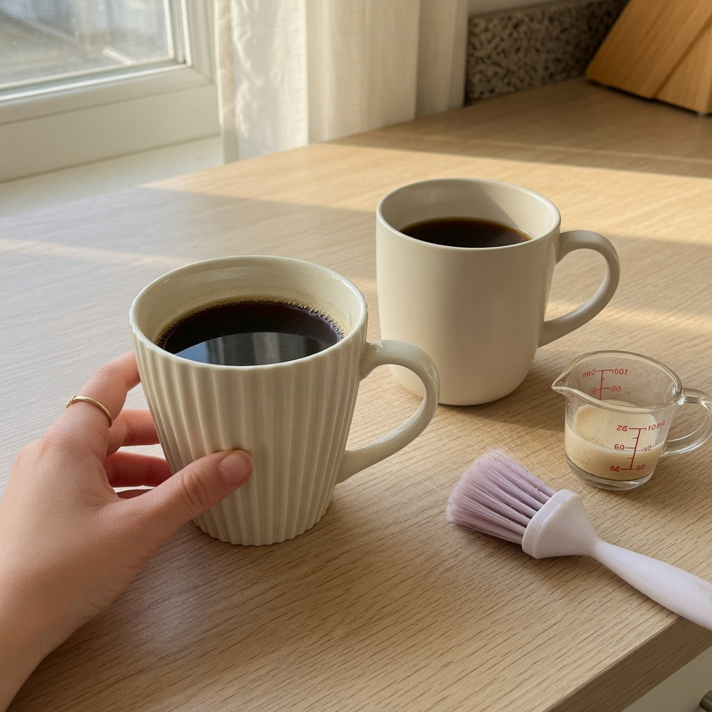 Pleated ceramic coffee mug beside a smooth handled mug, measuring jug, and soft cleaning brush on a kitchen counter
