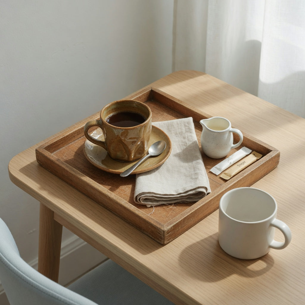 Pleated ceramic cup coffee tray with spoon, linen napkin, cream pitcher, and round mug nearby for size comparison
