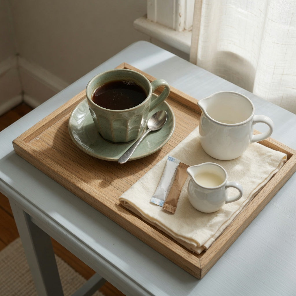 Pleated ceramic cup coffee tray with spoon, linen napkin, cream pitcher, and round mug nearby for size comparison