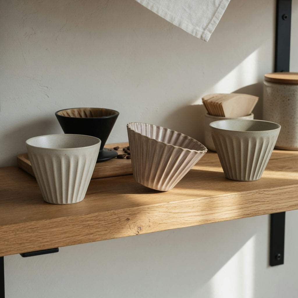 Pleated ceramic cup guest shelf with textured cups spaced on an open kitchen shelf
