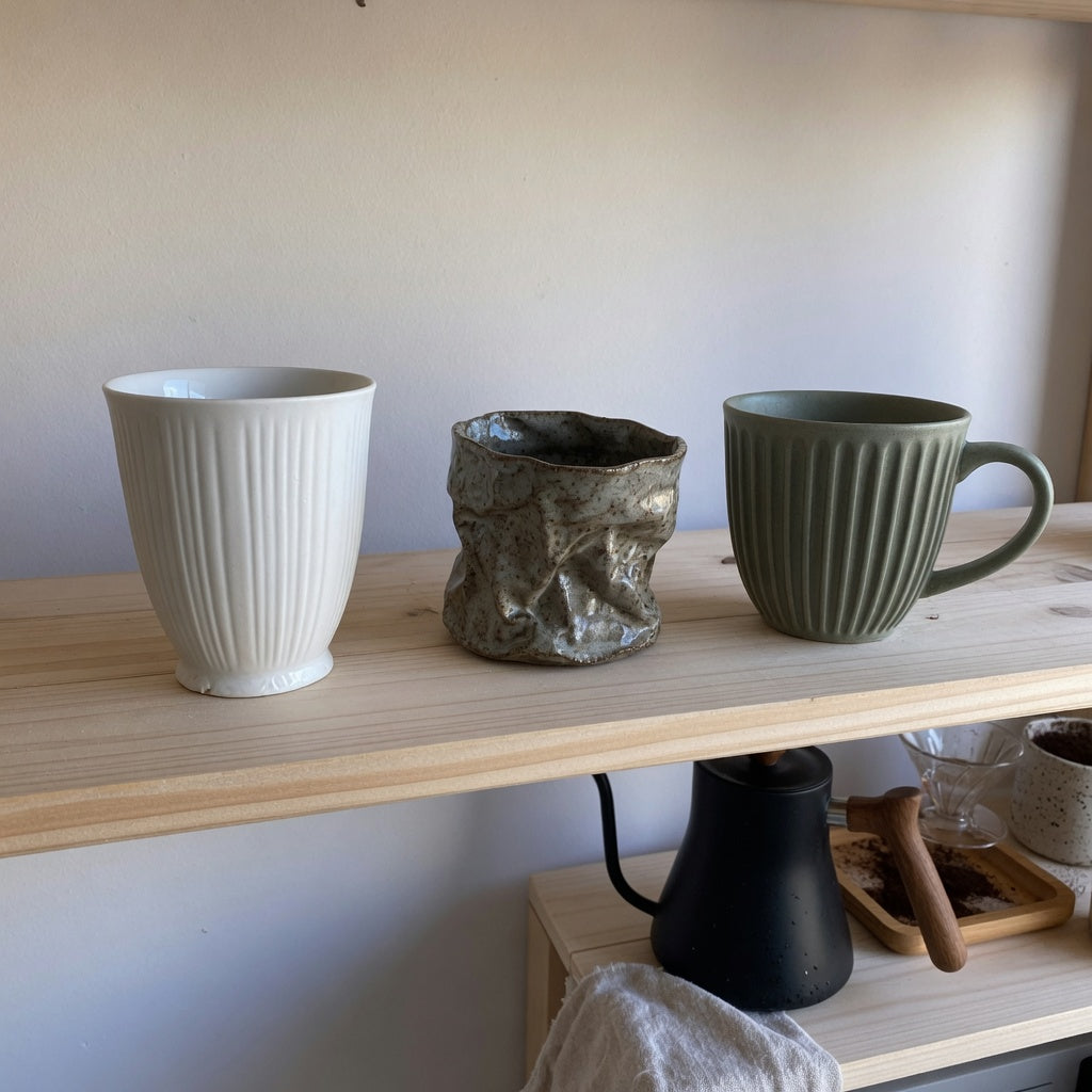 Pleated ceramic cup home decor coffee lovers shown as textured cups on an open shelf above a home coffee bar