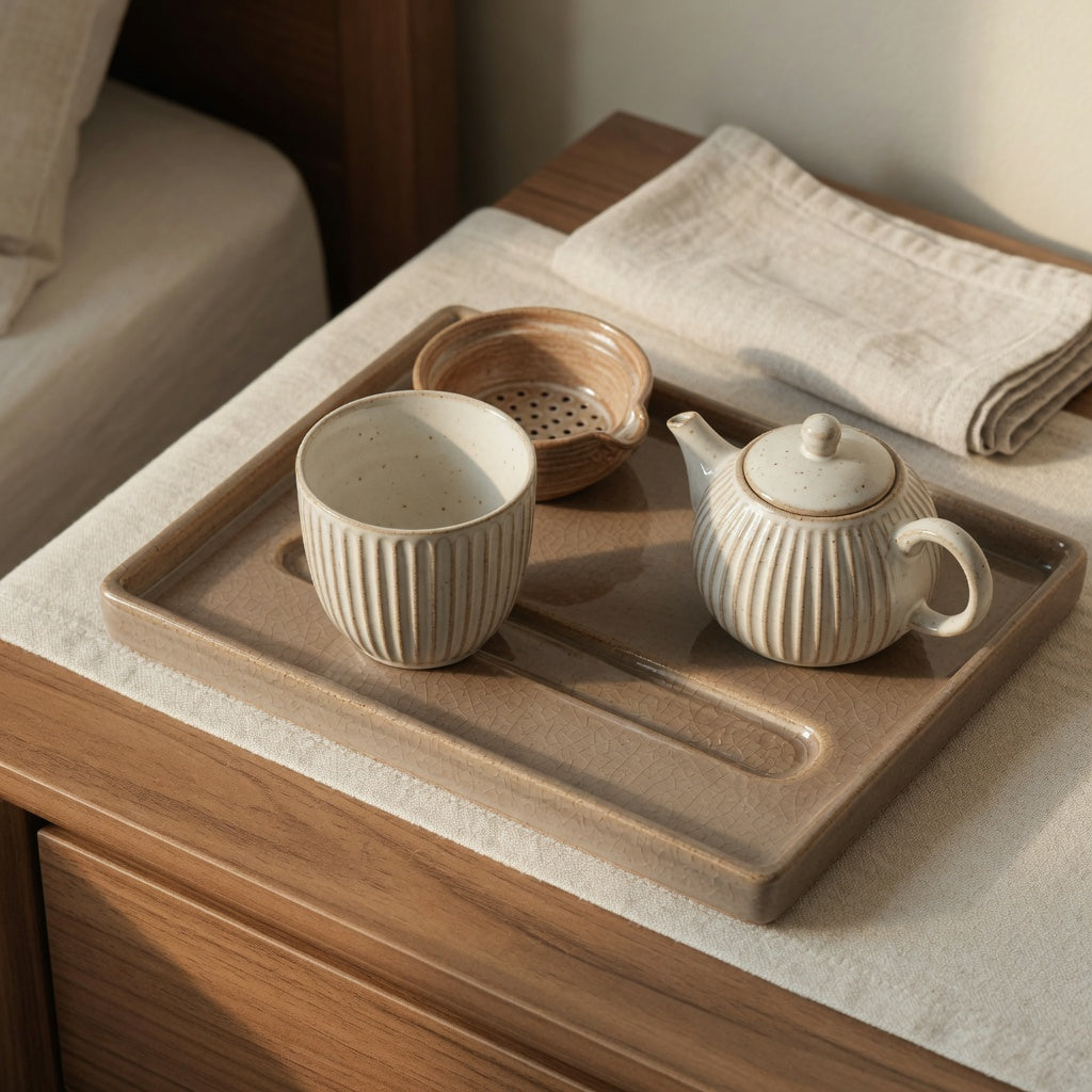 Pleated ceramic cup tea tray arranged on a guest-room nightstand with a teapot, infuser dish, and clear pour space