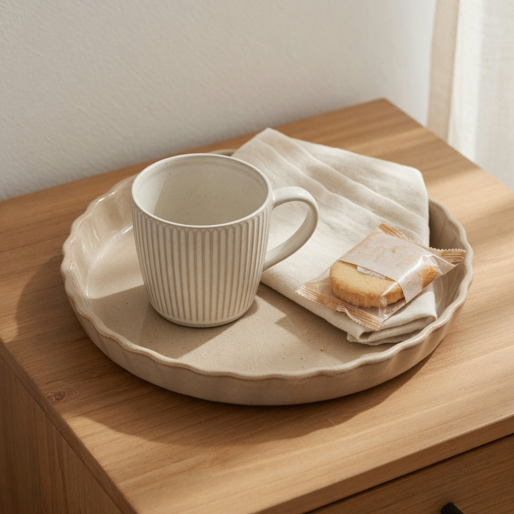 Pleated ceramic mug guest tray on a guest-room nightstand with folded linen and a wrapped biscuit